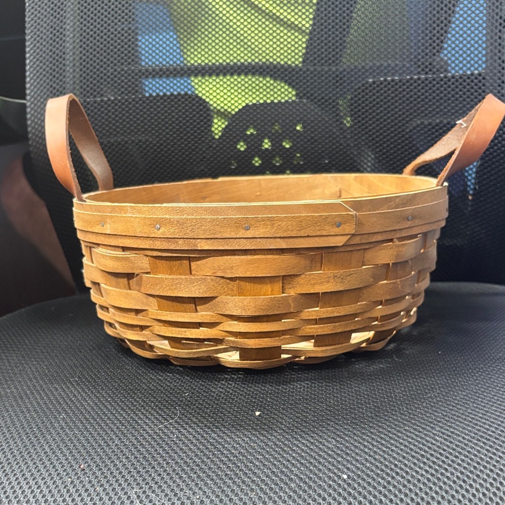 Handwoven Brown Woven Accent Basket with Leather Handles